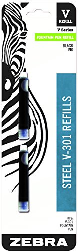Zebra Pen Steel, V-Refill Fountain Pen Ink Cartridge Refill, 0.7mm Fine Point, Black Ink, Fits Zebra Pen Steel V-301 Fountain Pen, Smooth and Controlled Writing, Easy to Replace, 2-Pack (87712)