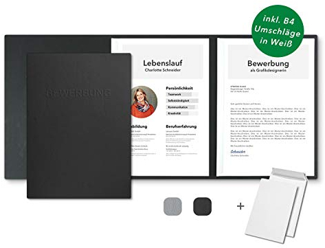 10 Stück 3-teilige Bewerbungsmappen Schwarz in feinster Lederstruktur - inkl. 10 Versandumschläge in Weiß - mit 2 Klemmschienen und hochwertiger Prägung ''BEWERBUNG'' - direkt vom Hersteller STRATAG