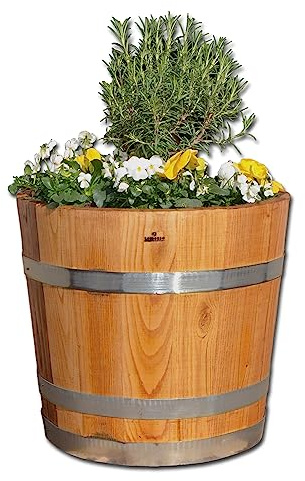 Temesso Blumentopf, Blumenkübel aus Kastanien-Holz - Fass, Holzfass als Pflanzkübel - Bottich, Holzkübel geölt und mit Halteschlaufen (D60 H40cm geölt + Schlaufen)