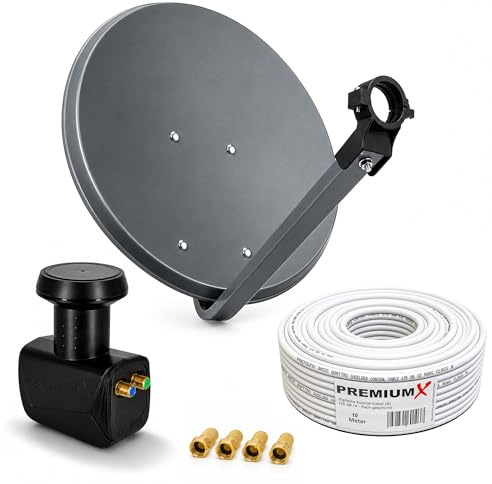 PremiumX Satelliten-Komplettanlage 45cm SAT Antenne SAT Schüssel Twin LNB 10m Koaxialkabel 4X F-Stecker 2 Teilnehmer