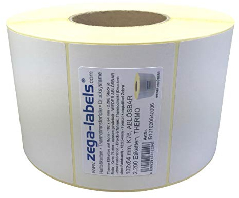 Thermo Etiketten auf Rolle - 102 x 64 mm - 2.200 Stück je Rolle - Kern: 76 mm - aussen gewickelt - WIEDER ABLÖSBAR - Druckverfahren: Thermodirekt (Drucken ohne Farbband)
