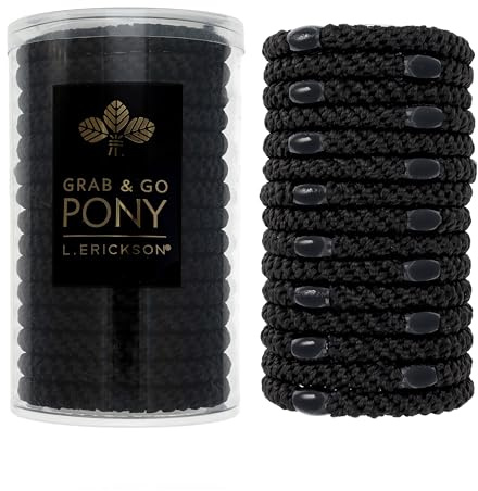 L. Erickson Hair Ties for Thick Hair, Grab & Go Pony Tube 15 Pack Neutral Tones - No-Crease Damage-Free Bands with Strong Hold for Women & Men, Black
