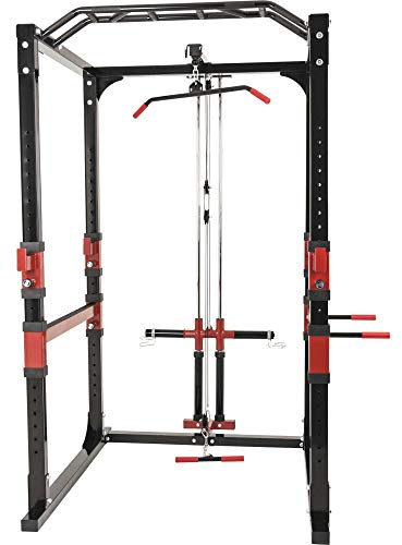 GORILLA SPORTS® Power Rack - 154,5 x 164 x 214,5 cm, mit Klimmzugstange, Kabelzug, Latzug und Hantelablagen, Multigriff, Verstellbar, Stahl - Power Cage, Kraftstation, Fitness Rack, Fitnessstation