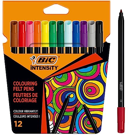 BIC Intensity Filzstifte, zum Malen für Erwachsene und Kinder, in 12 auswaschbaren Farben, mit stabiler Spitze, im Karton Etui