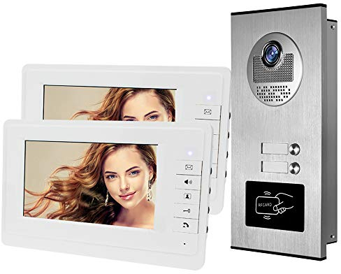 HFeng 7 '' Farbe Wired Video Türsprechanlage System Kit 700TVL RFID Access Eintrag Türklingel IR Nachtsicht für Multi-Wohnungen/Familie/Home 100 Meter (1 Camera 2 Monitors)