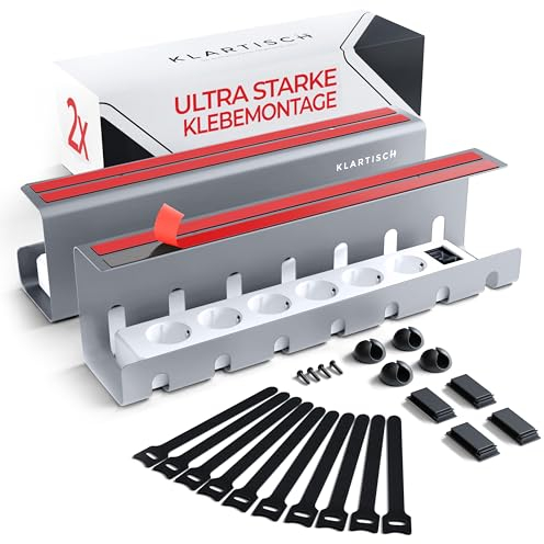 KLARTISCH Kabelkanal Schreibtisch ohne Bohren - 2er Set inkl. Zubehör - Kabelwanne für ordentliche Kabelführung - Kabelmanagement Schreibtisch (grau)