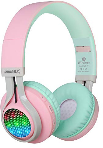 Riwbox Auriculares WT 7S inalámbricos con Bluetooth, luz LED, Plegables, con micrófono y Control de Volumen para PC, iPhone, TV, iPad (Rosa&Verde)