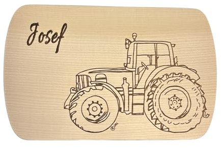 Kinder Frühstücksbrett aus Holz mit Trecker Motiv – personalisiert mit Namen – Ahornholz Brettchen für Frühstück & Brotzeit – Geschenk für kleine Bauernhof-Fans – Made in Germany