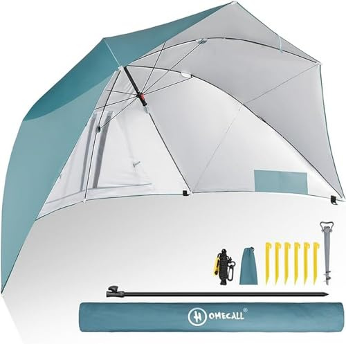 HOMECALL Ombrellone da spiaggia con finestre, design paravento, poliestere resistente ai raggi UV, blu