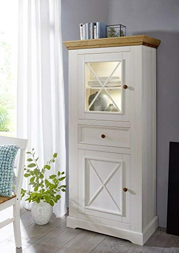 G+K Vitrine III WZ-0133 Weiß Eichefarbig Kiefer Massiv 1 Glastür 1 Holztür 1 Kommode