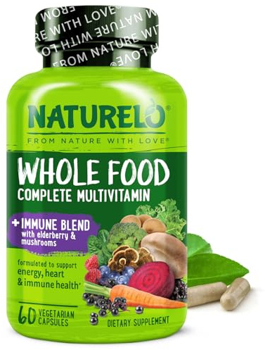 NATURELO Whole Food Multivitamin + Immune Blend with Elderberry & Mushrooms - Complete Multivitamin with Extra Immune Support - C, D3, Zinc, Elderberry, Reishi, Shitake - 60 Vegan Capsules