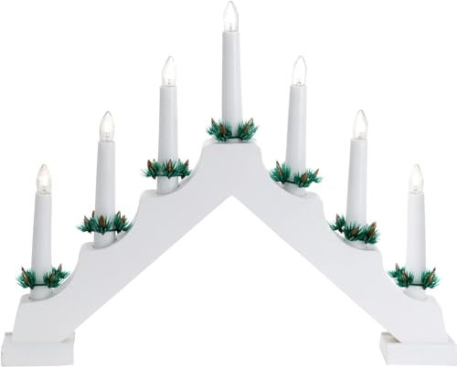 matrasa Kerzenbrücke Schwibbogen Lichterbogen aus Holz - 7 Lampen Kerzen - 30 cm weiß mit Netzstecker