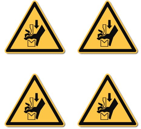 Warnung vor Quetschgefahr der Hand zwischen Werkzeugen einer Presse: W030 - DIN EN ISO 7010 / ASR A1.3 - Aufkleber: 7.5 cm, 4 Stück