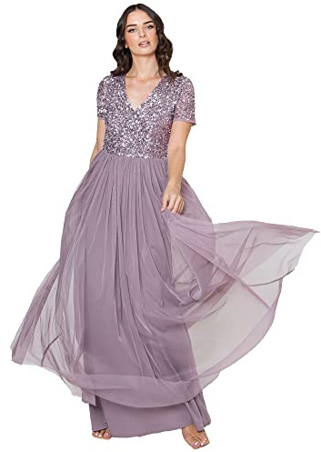 Maya Deluxe Women's V Neckline Embellished V Neck Maxi Dress Short Sleeve Empire Waist Prom Graduation Bridesmaid Wedding Guest, Vestido de Dama de Honor Mujer, Moody Lilac, 6