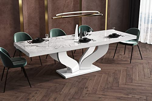 Design Esstisch HEB-222 Marmoroptik / Weiß Hochglanz ausziehbar 160 cm bis 256 cm Esszimmertisch für bis zu 10 Personen Hochglanz Funktionstisch modern vielseitig Esszimmer erweiterbar zeitlos
