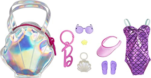 Barbie Kleidung, Deluxe-Strandtasche zum Anklippen, mit Badeanzug und fünf Themen-Accessoires für Barbie Puppen, Mehrfarbig, Mehrfarbig, Large