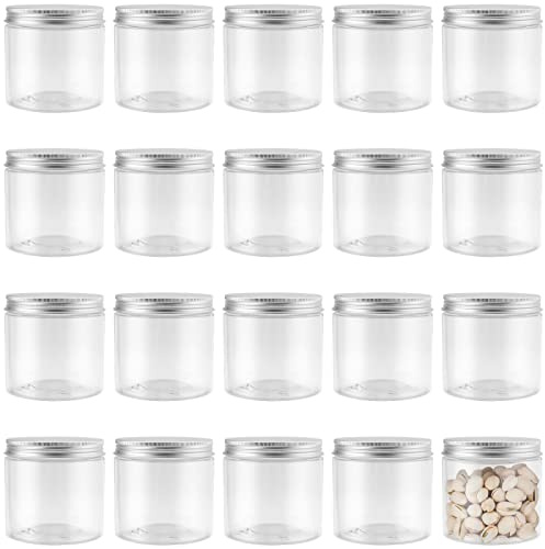 MUKLEI 20 Pack 350ml Small Plastic Storage Jars, 12oz Clear Plastic Storage Container with Lids, Slime Containers with Aluminum Screw Caps, Airtight Containers for Dry Food, DIY Beads, Crafts