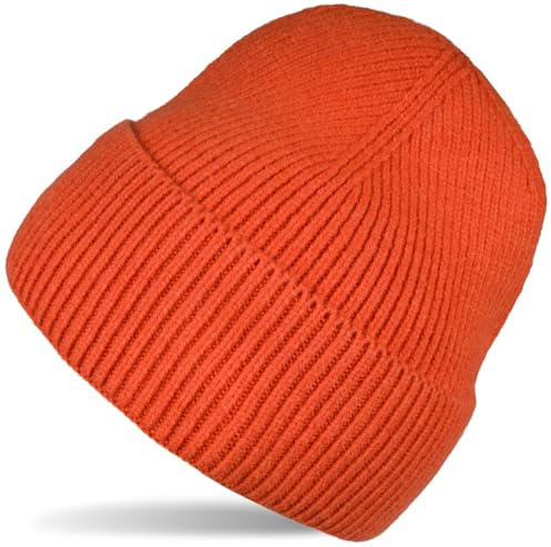 styleBREAKER Unisex Strickmütze mit Rippenmuster und breiter Krempe | Doppelt gestrickte Beanie Wintermütze | Warme Feinstrick Haube für Damen und Herren in vielen Farben, Farbe:Orange