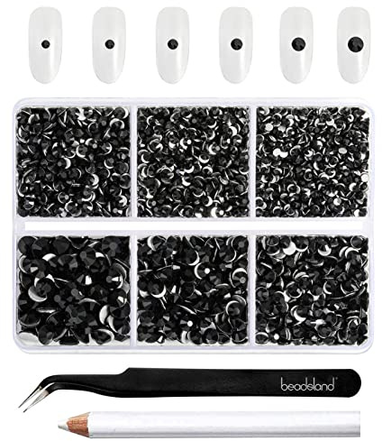 Beadsland Strasssteine zum Basteln,Schwarz,6 Größen gemischt,4300 Stk | Schwarze Strasssteine,SS6–SS20,Glasmaterial,Flacher Rückseite,Nagelsteine,mit Picking-Pinzette und Wachsstift