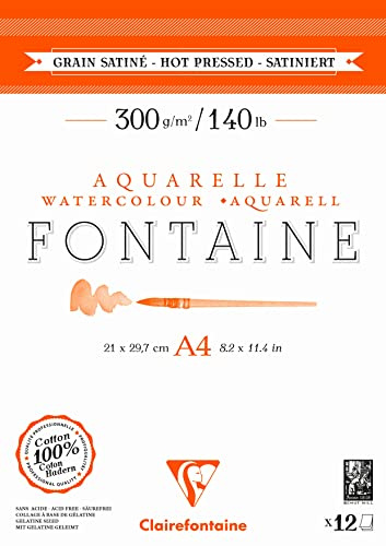 Clairefontaine 975948C - Aquarellblock Fontaine DIN A4 21x29,7cm, mit 12 Bogen 300g,satiniert, zweiseitig geleimt, 1 Block