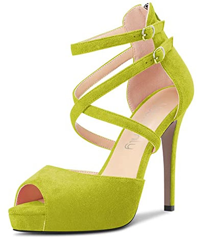 NobleOnly Mujer Aguja Alto High Plataforma Heel Abierta Punta Correa Tobillo Correa Cruzada Sandalias Clásico 12 CM Heels Verde Lima 35 EU