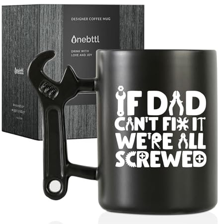 Onebttl Dad Gifts from Daughter and Son, Coffee Mug with Wrench Spanner Handle, 400ml Funny Ceramic Cup for Father on Birthday, Father's Day, Christmas - If Dad Can't Fix We are All Screwed