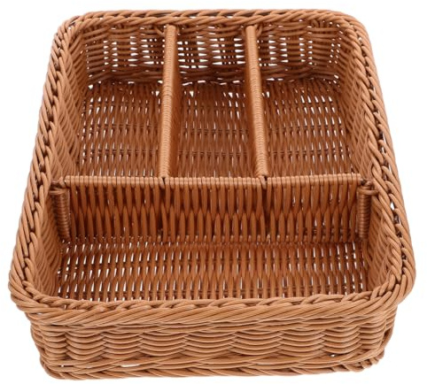 YARNOW Imitation Woven Mesh Cutlery Storage Basket with 4 Deep Compartments Kitchen Forks and Knives Organizer Tray 14.17X9.84X2.95 Inch Rattan Style Eco-Friendly Material