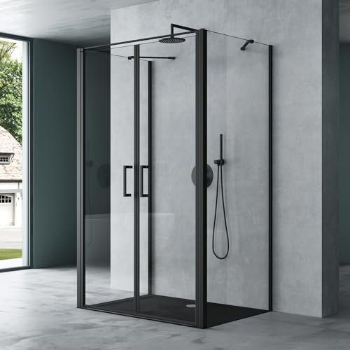 Mai & Mai Duschkabine U-Form Duschabtrennung 80x120 Duschkabine Aluminiumrahmen mit Duschtasse ESG-Sicherheitsglas Klarglas Doppeltüre Schwarz Ravenna66UK