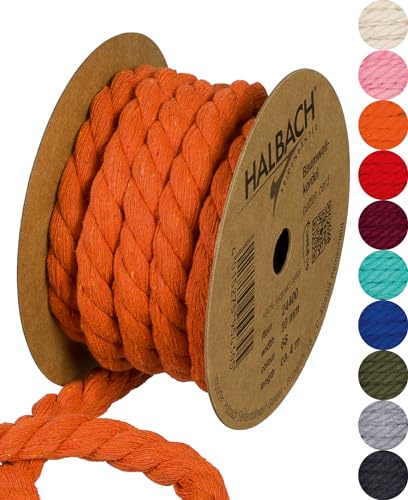 Halbach recycelte Baumwollkordel, 10 mm x 4 m, orange | Recyceltes Baumwollgarn, für Makramee, Bastelprojekte und Dekoration