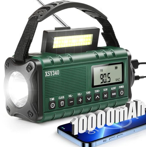 Leaton Emergency Radio, NOAA Weather Alert, Portable Solar Hand Crank AM/FM Radio, 10000MAH Rechargeable Battery, USB-C Charger, Clock, SOS Alarm & Flashlight, Reading Lamp, Outdoor