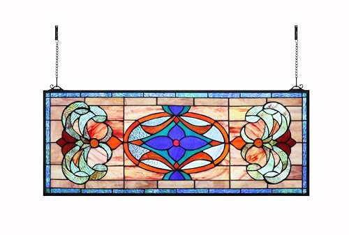 Yogoart Extra Large Horizontal Blue Victorian Stained Glass Window Panels Hanging Transom Window Panels (30 X 12)