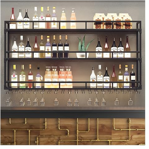 Porte-bouteilles De Vin Mural En Métal, Casier À Vin Mural Avec Lumières LED, Étagère Murale À Bouteilles, Étagère De Rangement Pour Vin, Pour Maison, Cuisine, Bar, Salle À Manger(Color:Black,Size:100