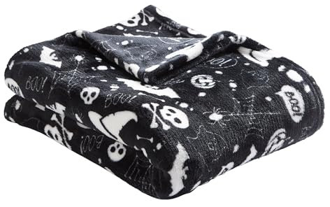 Bedlam - Halloween Fleece Blanket (120 x 150cm) - Super Soft & Cosy Fleece in Black - Black Spooky Bats & Skulls Throw Blanket - Halloween Blankets and Throws (Snuggy) - Halloween Decorations