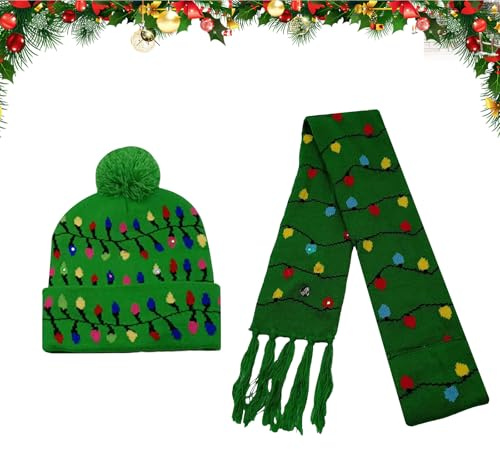 2 en 1 Gorro y Bufanda Navideños con LED, Gorro de Punto y Bufanda con Luz, Regalos Unisex para Niños y Adultos