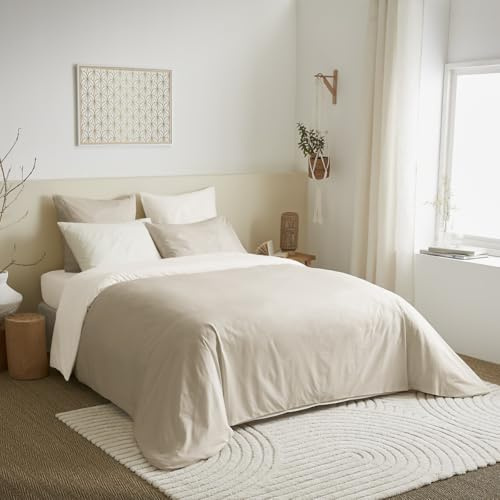 univers decor Pack Complet 6 pièces 240 x 220 cm Bicolore et réversible pour lit 2 Places 160 x 200 cm 100% Coton / 57 Fils/cm² (Lin/Blanc, Pack 6 pièces 240 x 220 lit 160 x 200 cm)