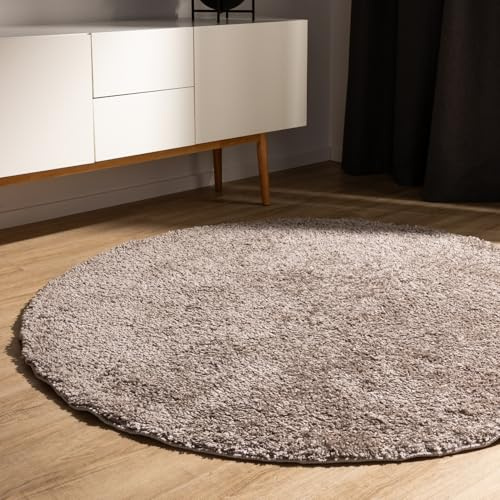 benuta Basic Hochflorteppich Teppich Wohnzimmer Sohari - Taupe 160 cm Rund - Minimalistischer Look - Weich & Waschbar - Für Schlafzimmer, Flur oder Esszimmer - Geeignet für Fußbodenheizung