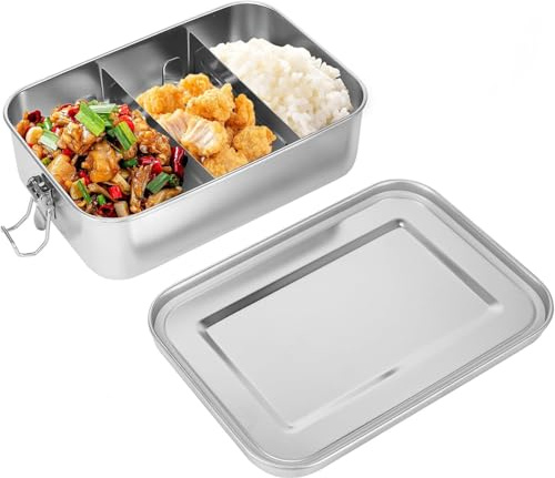 PCXWTLN Stainless Steel Lunch Box, 1400ml Bento Box with 2 Removable Compartments, Eco-Friendly Metal Lunch Box, Food Storage Containers, Leak-Proof and Dishwasher Safe (1400ml + 2 Compartments)