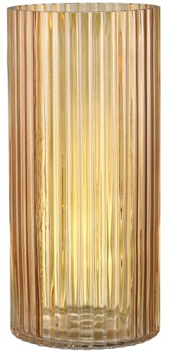 KAYLETIN Amber Glass Vase for Flowers, Ribbed Flower Vase, Fluted Vases for Decor, Tall Cylinder Glass Vases for Living Room, Bedroom, Dining Table, Office, Shelf, 25CM