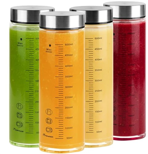 poweco Glass Juice Bottles 4 Pack 20 oz - Wide Mouth Glass Water Bottles with Lids - for Juicing, Protein, Smoothie, Milk, Reusable, BPA Free, Stainless Steel Lids, Blender, Shaker Bottle (600ml)