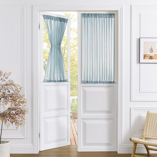 Tollpiz Short Sheer Door Curtain Closet Linen Textured Curtain Sheers Doorway Light Filtering Voile Patio Door Rod Pocket Curtains French Door, 54 x 54 inches Long, Dusty Blue, Set of 1 Panel