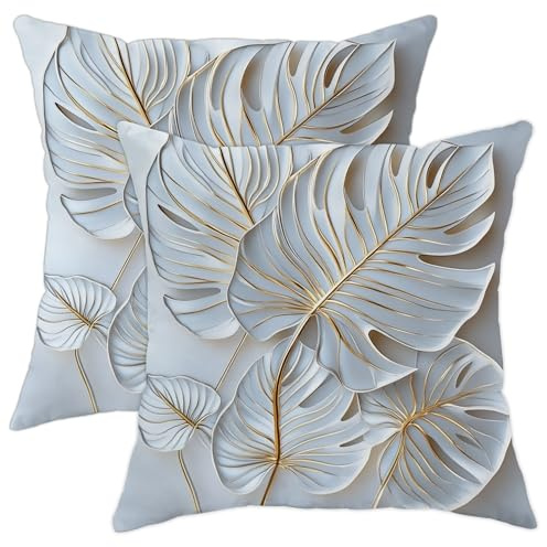Set di 2 federe per cuscini tropicali con stampa di foglie di Monstera bianche, decorative estive, quadrate, per casa, divano, letto, 40,6 x 40,6 cm