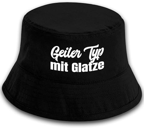 Herzbotschaft Bucket Hat mit Motiv | Geiler Typ mit Glatze | Schwarz mit Größenauswahl | Fischerhut mit Spruch | Mallorca Hut für Feiern und Partys | Sommerhut | Anglerhut
