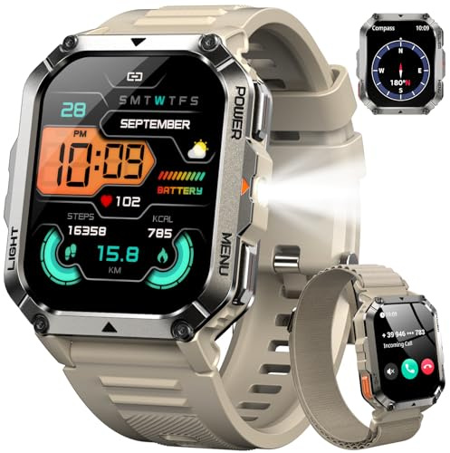 IOWODO Smartwatch Uomo Militare 2.01 con Chiamate Bluetooth, Batteria 900mAh, Torcia LED, Bussola, IP68 Impermeabile, Monitoraggio Cuore/Ossigeno nel Sangue/Sonno, 123 Modalità Sportive, 2 Cinturini
