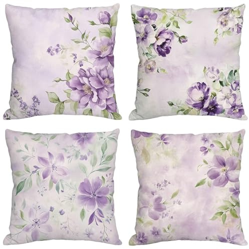 Lilac Cushion Covers 40cm x 40cm Floral Outdoor Cushions Waterproof Velvet Pillow Covers 4 Pack Double Sided Printed Throw Pillow Cases for Outdoor Indoor Decorations Garden Living Room Bedroom s-112