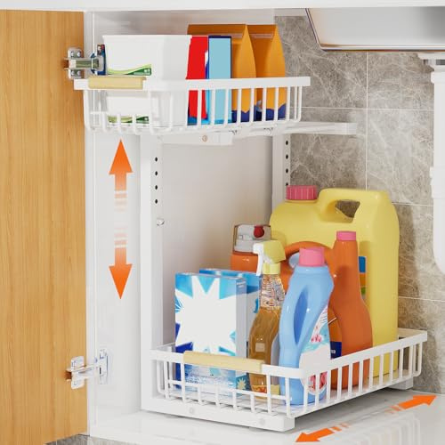 OUUTMEE Rangement sous Évier en Métal, Étagère Coulissante sous Évier à 2 Niveaux, Organisateur sous Evier Réglable en Hauteur pour Cuisine, Salle de Bain (Blanc)
