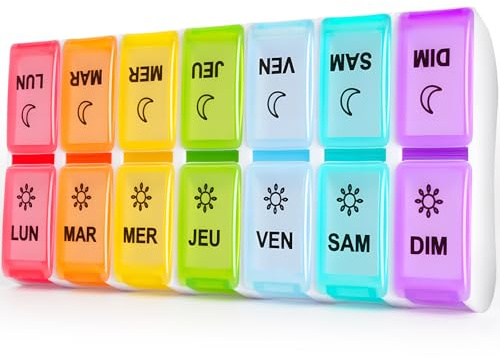 mossime Pilulier Semainier 7 Jours Matin Et Soir, 14 Compartiments | Amovible, Format Compact, 2 Prises Par Jour, Pour Comprimés, Vitamines, Huiles De Poisson Et Compléments (Multicolore)