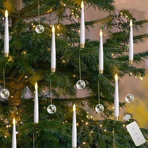6 Pack Christmas Tree Candle Lights with Remote Timer, LED Taper Candles Battery Operated Flameless Candle with Remote Timer Hooks and Crystal Decoration for Home Party Xmas Trees Décor (Crystal Ball)