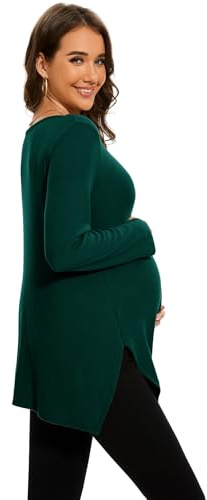 Smallshow Top premaman da donna con spacco laterale, maglia a maniche lunghe, vestiti per gravidanza, Verde scuro., L