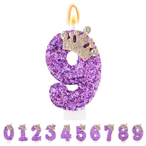 TESGADGETS Candele di Compleanno Lilla, Candele Combinabili a Forma di Corona con Numero 9 per Torte, Candela Scintillante con Numero 9 Come Decorazione per Feste di Anniversario