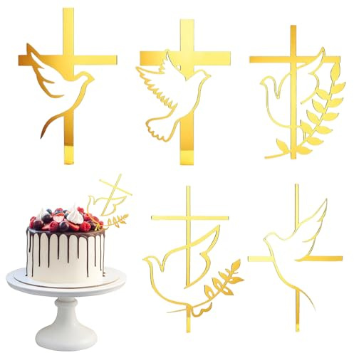 Décoration de gâteau baptême et communion en acrylique Ensemble de 5 décorations en forme de colombe de paix et croix, couleur or, pour un gâteau élégant et significatif Idéal pour baptême, c
